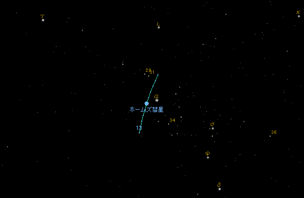 ペルセウス座α星に接近するホームズ彗星の位置変化
