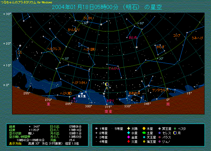１月１８日５時　さそり座δ星食　南東の空のようす