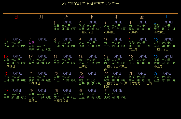 2017年8月の旧暦カレンダー