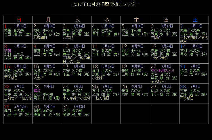 2017年10月の旧暦カレンダー