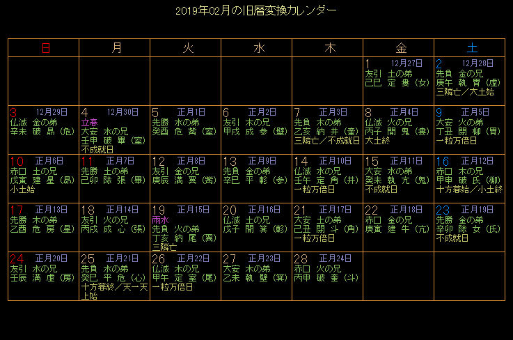 19年の旧暦カレンダー
