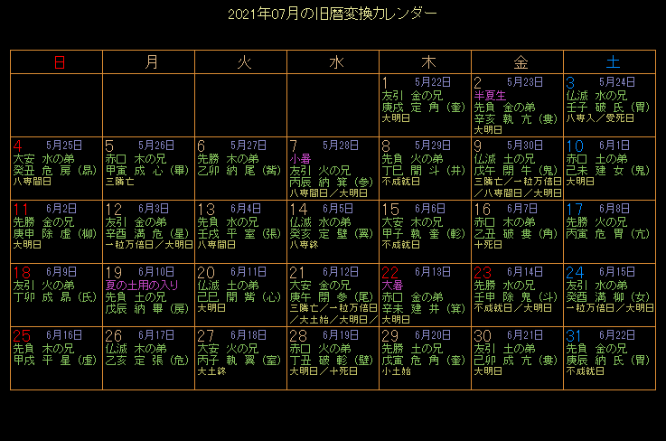 2021年7月の旧暦カレンダー