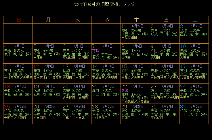 2024年8月の旧暦カレンダー