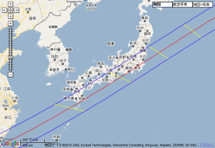 金環帯が九州、四国、本州を横切る。クリックで拡大