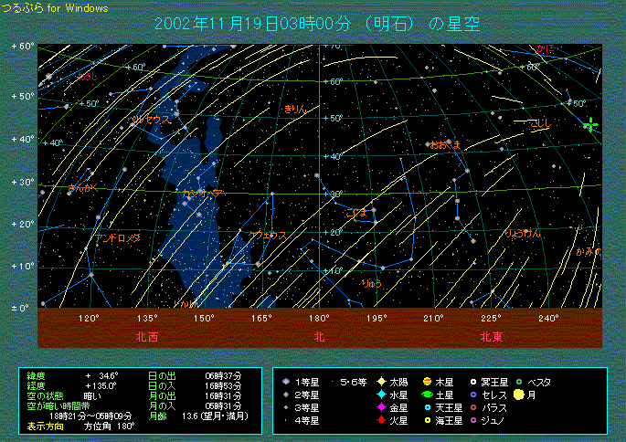 しし座流星群の出現イメージ　１９日３時北の空