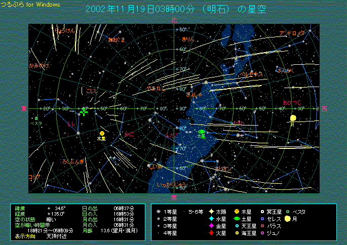 しし座流星群の出現イメージ　１９日３時天頂の空